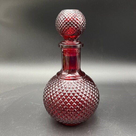 Quilted Diamond Point Ruby Red Glass Squat Genie Bottle Decanter w/ Stopper - Picture 1 of 8